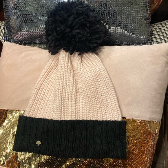 Kate Spade Pink Logo Black Pom Pom Hat Never Used